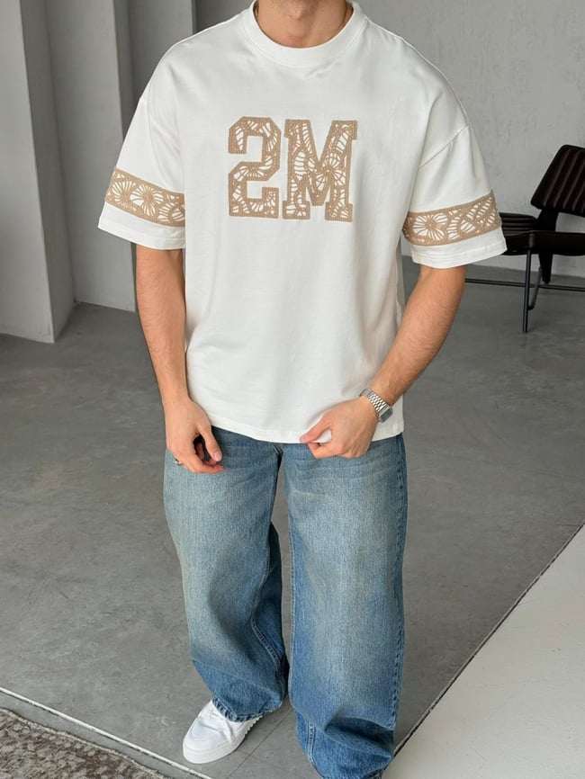 2M Nakışlı Oversize T-Shirt - Beyaz