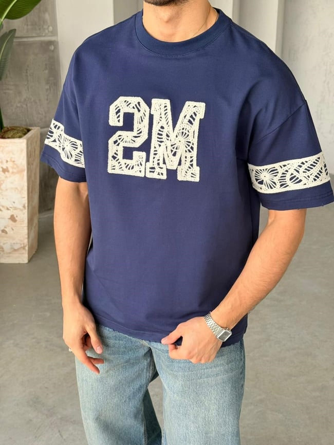 2M Nakışlı Oversize T-Shirt - Lacivert