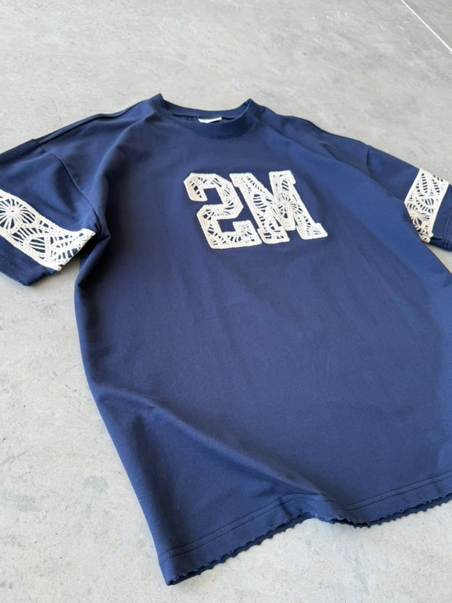 2M Nakışlı Oversize T-Shirt - Lacivert