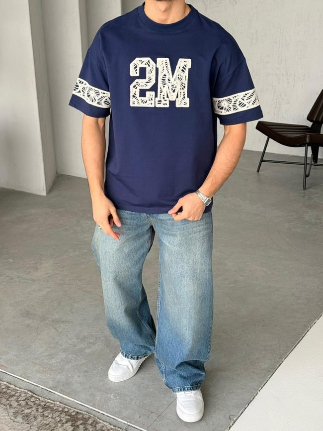 2M Nakışlı Oversize T-Shirt - Lacivert