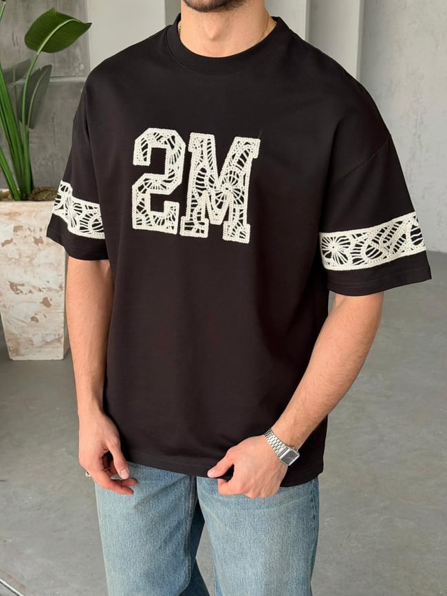 2M Nakışlı Oversize T-Shirt - Siyah
