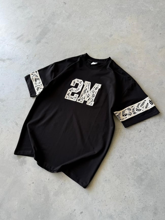 2M Nakışlı Oversize T-Shirt - Siyah