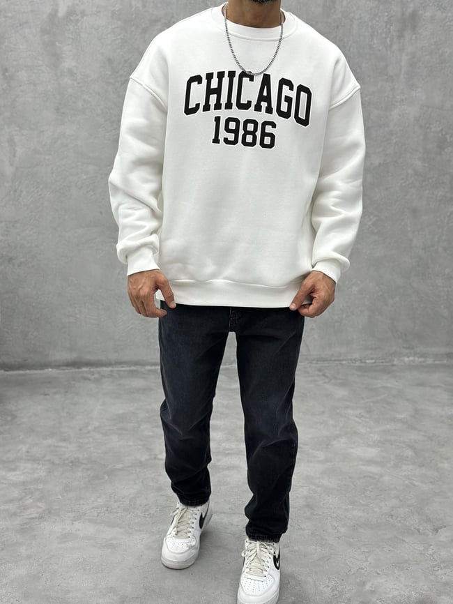 3 İplik Şardonlu Bisiklet Yaka CHICAGO Sweatshirt - Beyaz