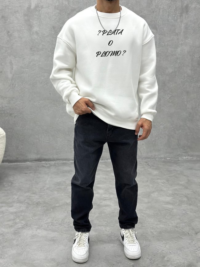 3 İplik Şardonlu Bisiklet Yaka PLATAORPLOMO Sweatshirt - Beyaz