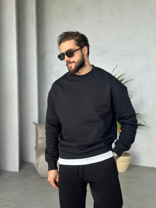 3 İplik Şardonlu Bisiklet Yaka Sweatshirt - Siyah