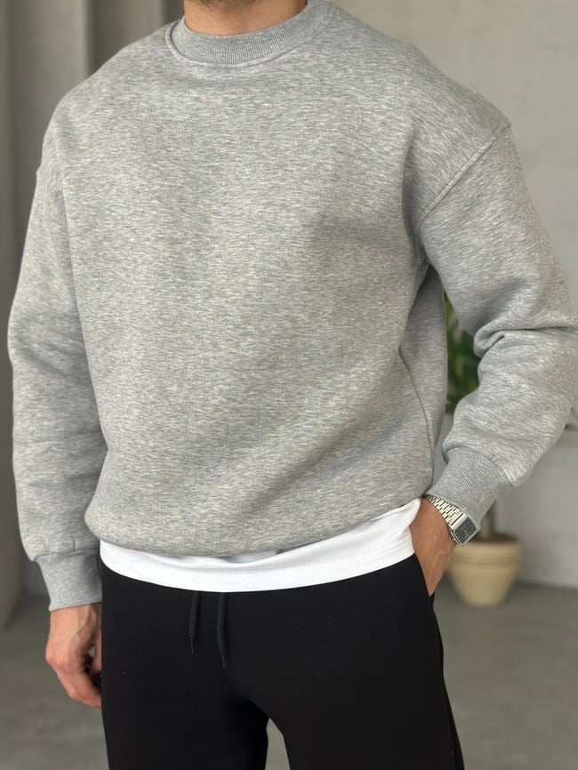 3 İplik Şardonlu Bisiklet Yaka Sweatshirt - Gri