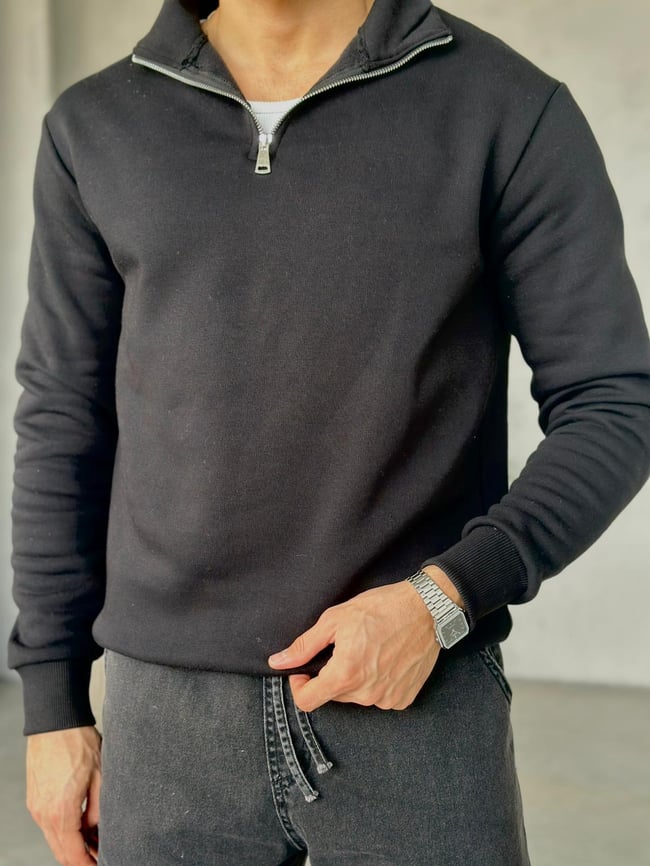 3 İplik Şardonlu Fermuarlı Sweatshirt - Siyah