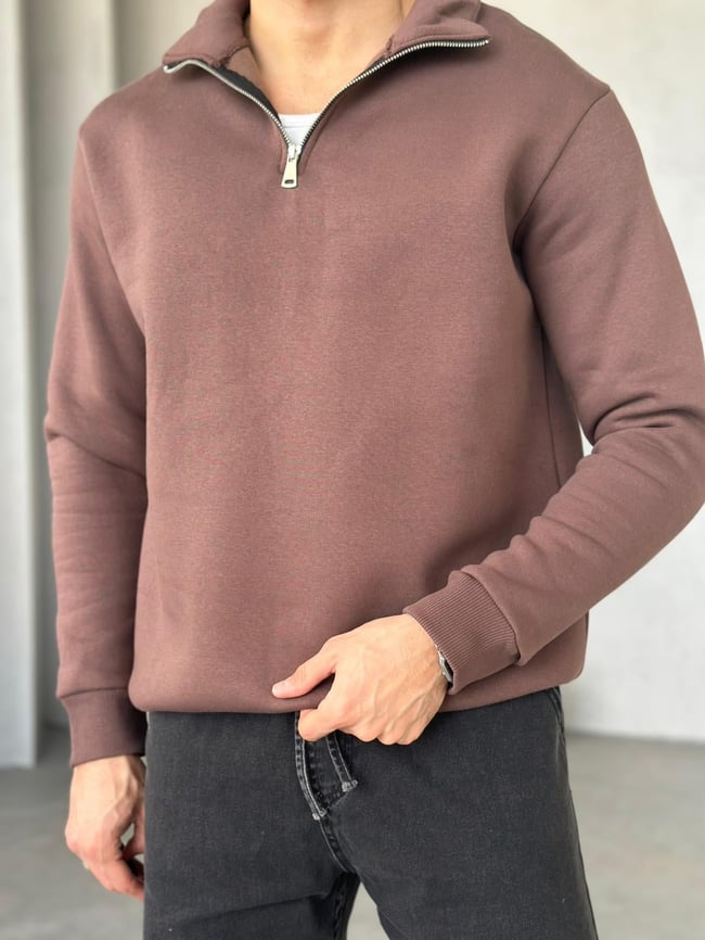 3 İplik Şardonlu Fermuarlı Sweatshirt - Kahve
