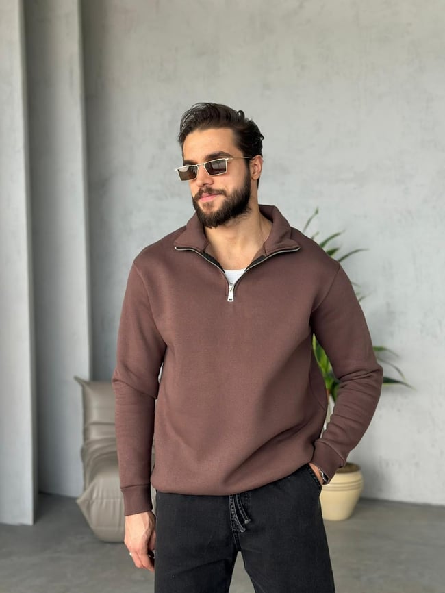 3 İplik Şardonlu Fermuarlı Sweatshirt - Kahve