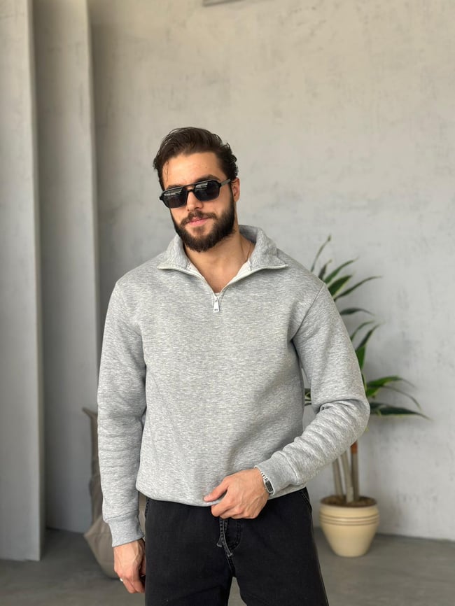 3 İplik Şardonlu Fermuarlı Sweatshirt - Gri