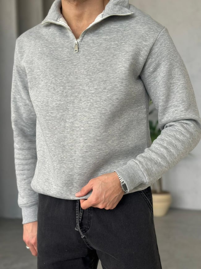 3 İplik Şardonlu Fermuarlı Sweatshirt - Gri