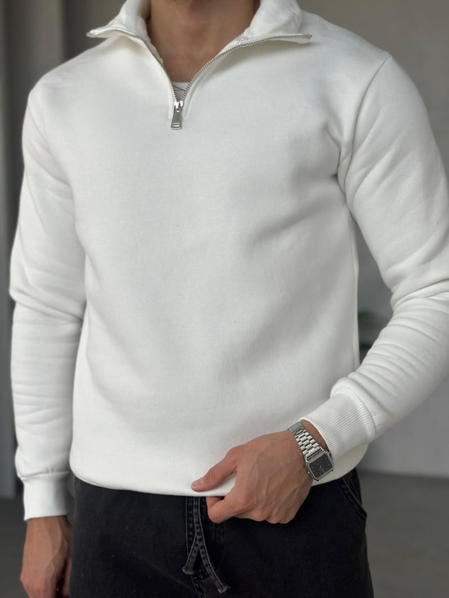 3 İplik Şardonlu Fermuarlı Sweatshirt - Beyaz