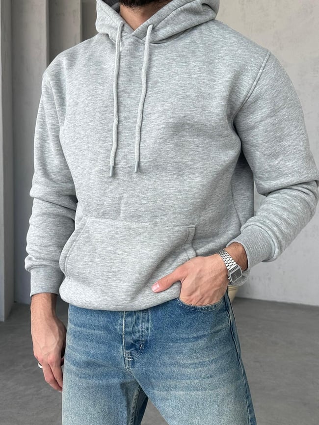 3 İplik Şardonlu Kapüşonlu Sweatshirt - Gri