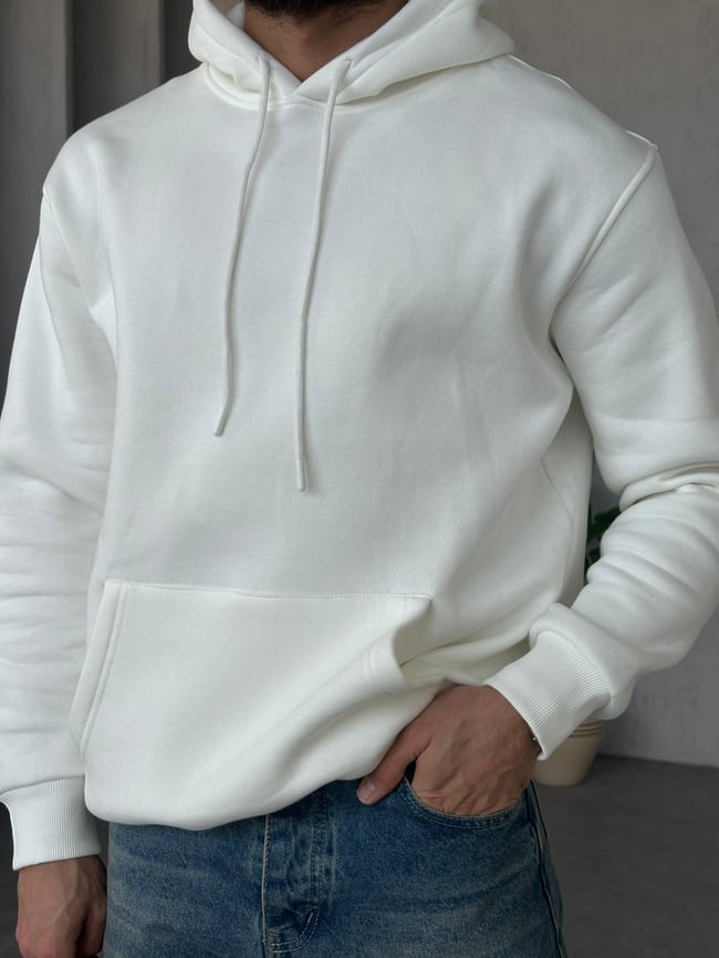 3 İplik Şardonlu Kapüşonlu Sweatshirt - Beyaz