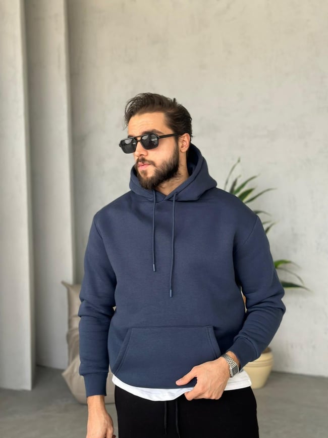 3 İplik Şardonlu Kapüşonlu Sweatshirt - Lacivert