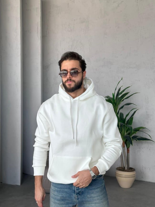 3 İplik Şardonlu Kapüşonlu Sweatshirt - Beyaz