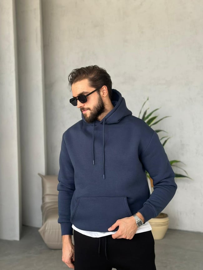 3 İplik Şardonlu Kapüşonlu Sweatshirt - Lacivert