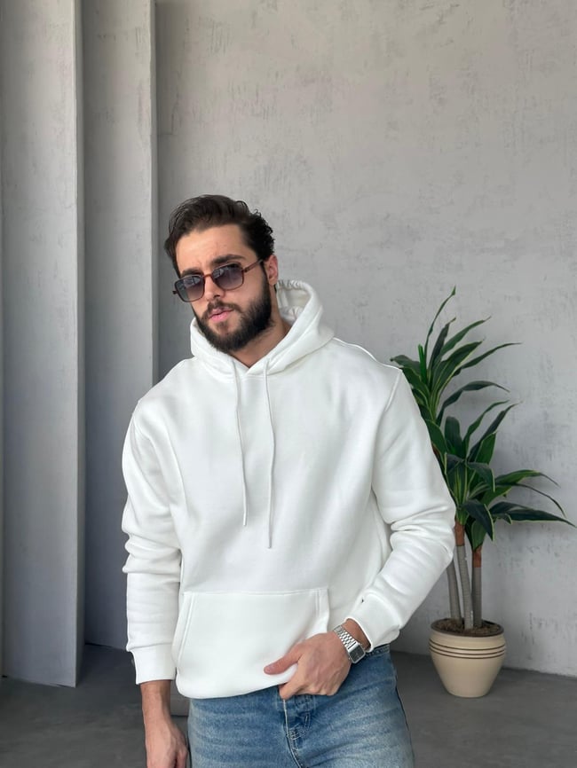 3 İplik Şardonlu Kapüşonlu Sweatshirt - Beyaz