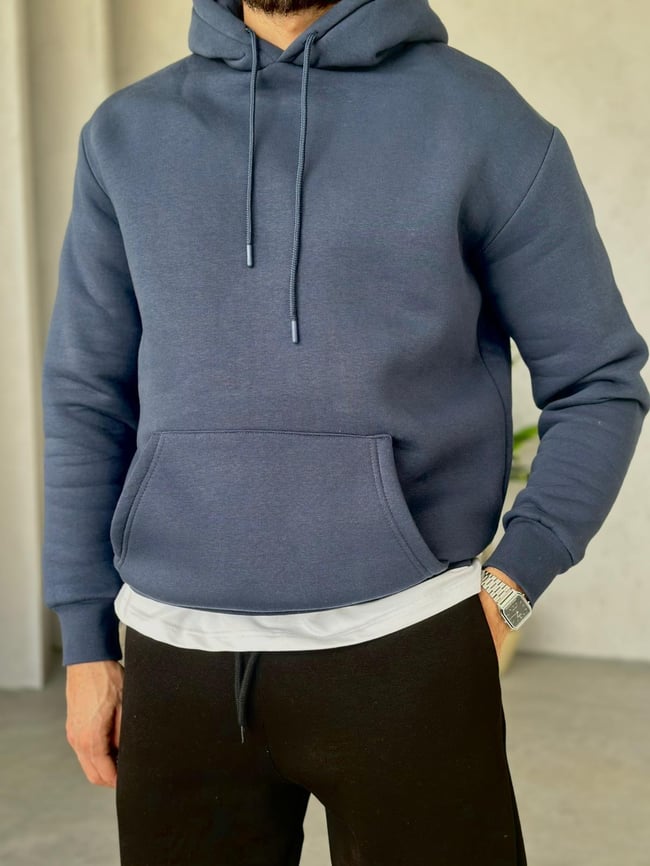 3 İplik Şardonlu Kapüşonlu Sweatshirt - Lacivert