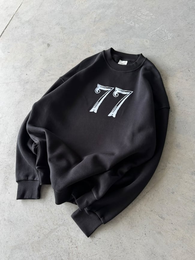 77 Baskılı Oversize 3 İplik Bisiklet Yaka Sweat Siyah