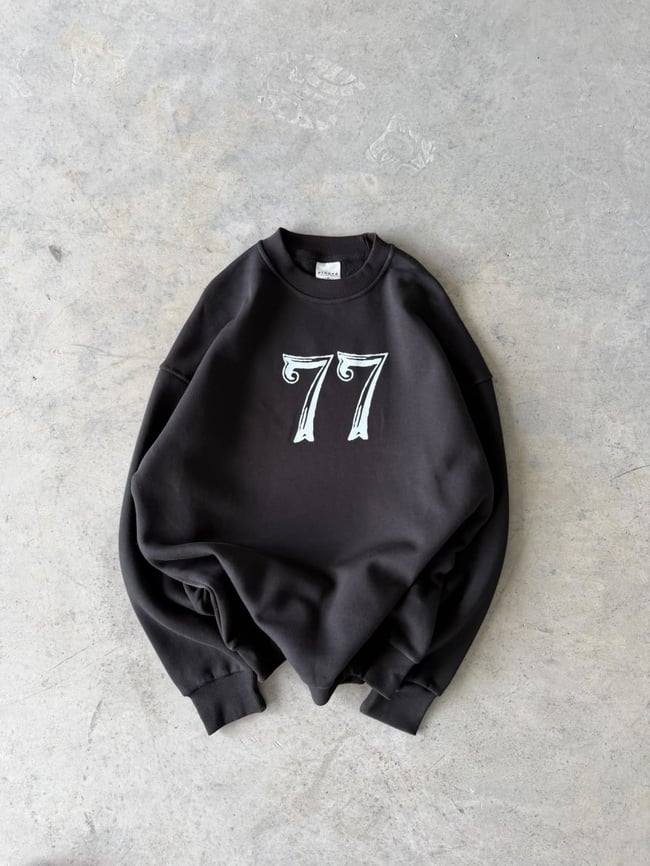 77 Baskılı Oversize 3 İplik Bisiklet Yaka Sweat Siyah