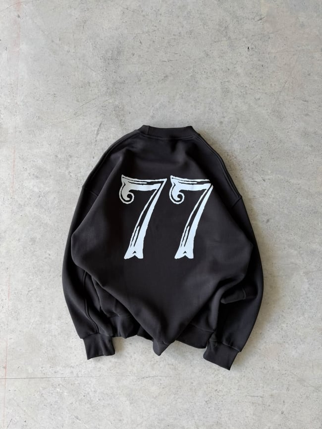 77 Baskılı Oversize 3 İplik Bisiklet Yaka Sweat Siyah