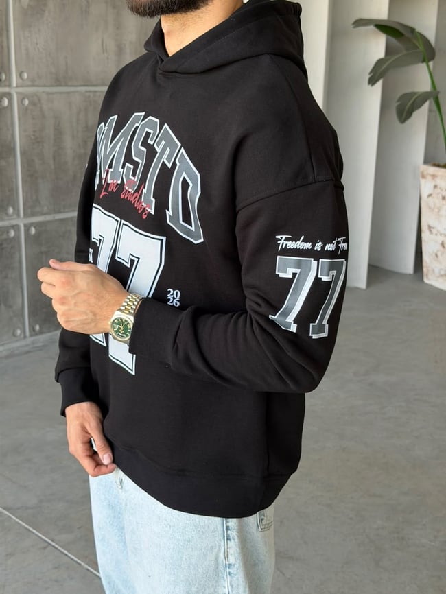 77 Baskılı Oversize Kapüşonlu Sweat T Siyah