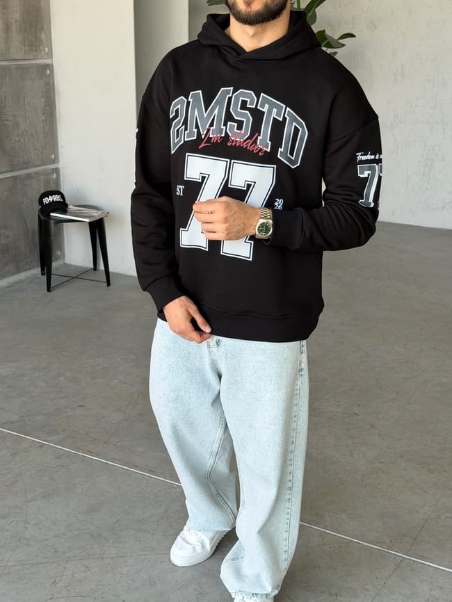 77 Baskılı Oversize Kapüşonlu Sweat T Siyah