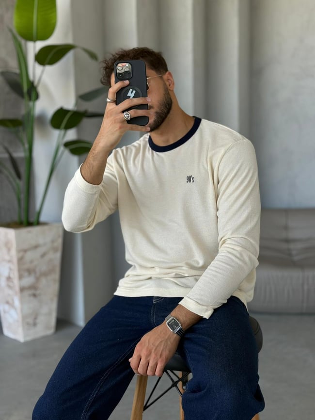 90's  Yazılı Bisiklet Yaka  Sweatshirt Bej