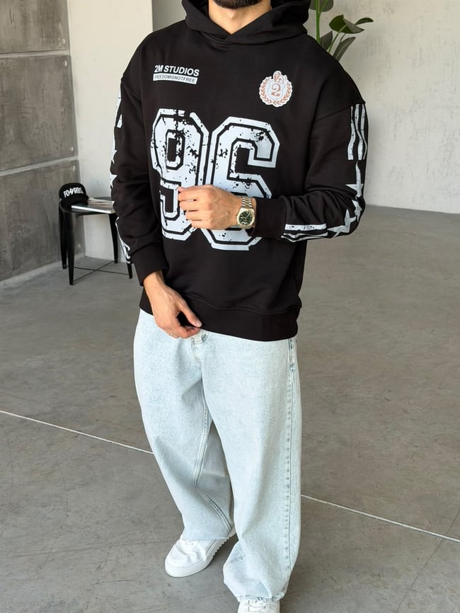 96 Baskılı Yıldız Detaylı Oversize Kapüşonlu Sweat T Siyah