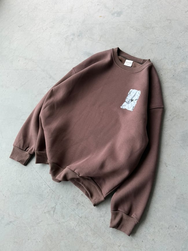 A Baskılı Oversize 3 İplik Bisiklet Yaka Sweat Kahverengi