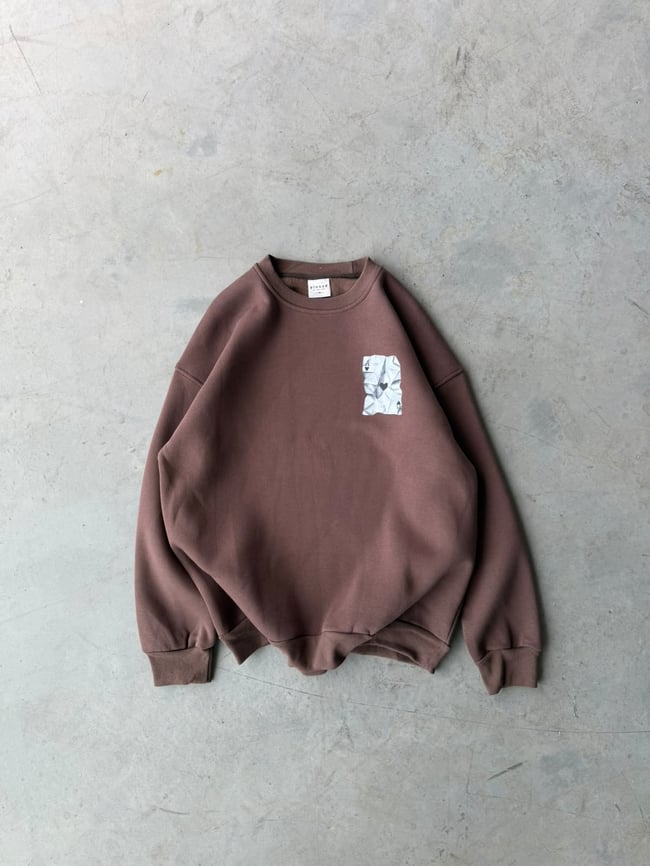 A Baskılı Oversize 3 İplik Bisiklet Yaka Sweat Kahverengi