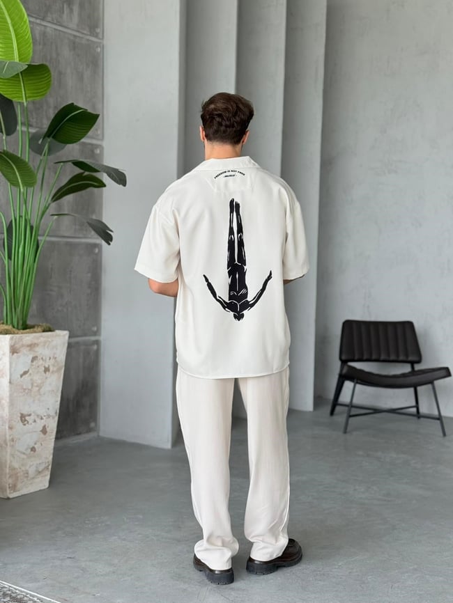 AFTER LİFE KREM Desenli Dubble Hürrem Kumaş Oversize Gömlek T