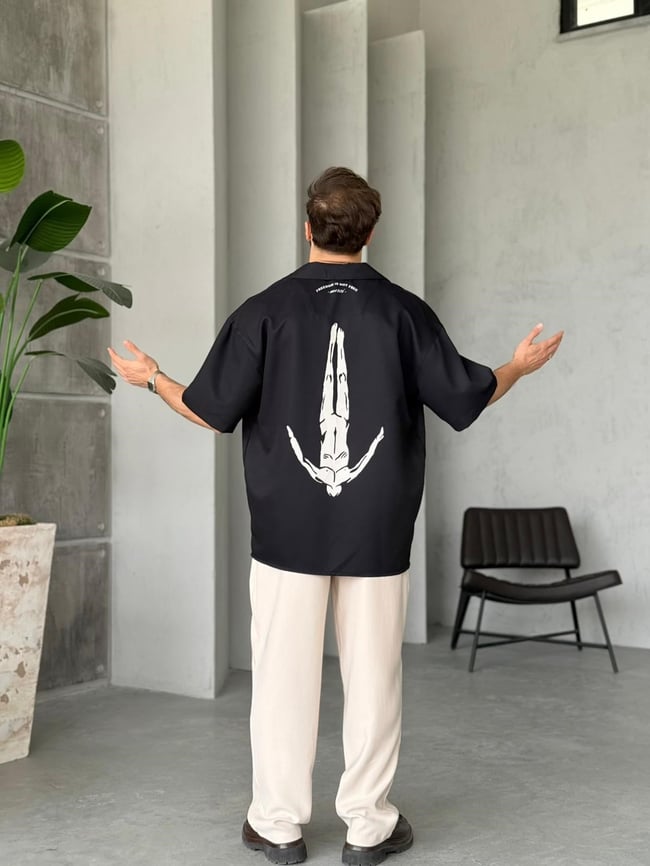 AFTER LİFE SİYAH Desenli Dubble Hürrem Kumaş Oversize Gömlek T