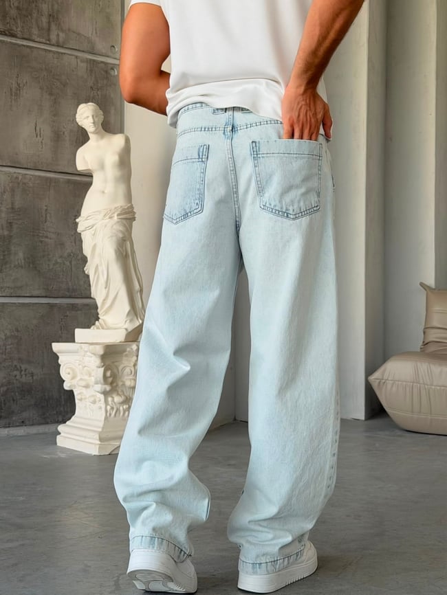 Aksesuar Şerit Detay Kar Yıkamalı Baggy Kot Pantolon-W