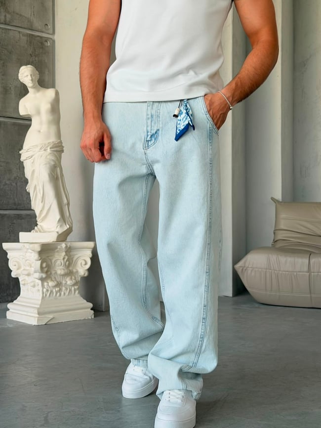 Aksesuar Şerit Detay Kar Yıkamalı Baggy Kot Pantolon-W