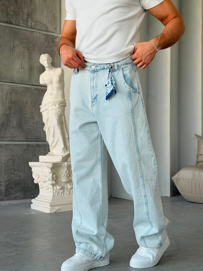 Aksesuar Şerit Detay Kar Yıkamalı Baggy Kot Pantolon-W