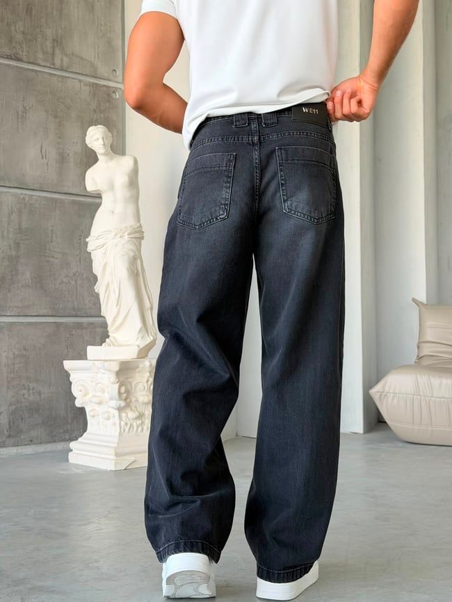 Aksesuar Şerit Detay Siyah Yıkamalı Baggy Kot Pantolon-W