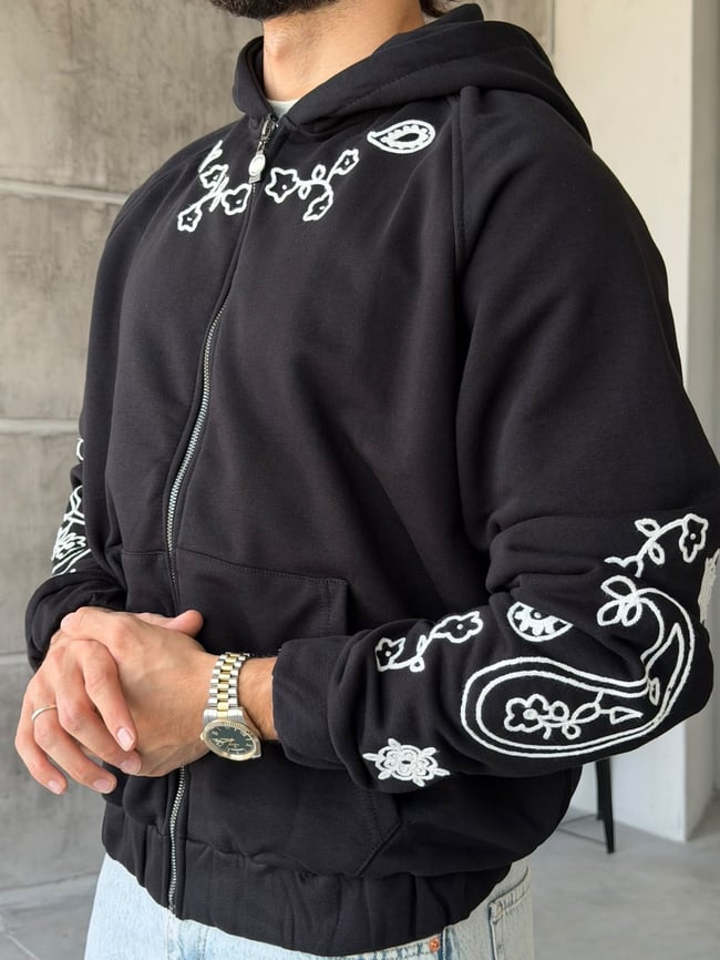 Bandana Nakışlı Fermuarlı Overize Kapüşonlu Sweat T Siyah