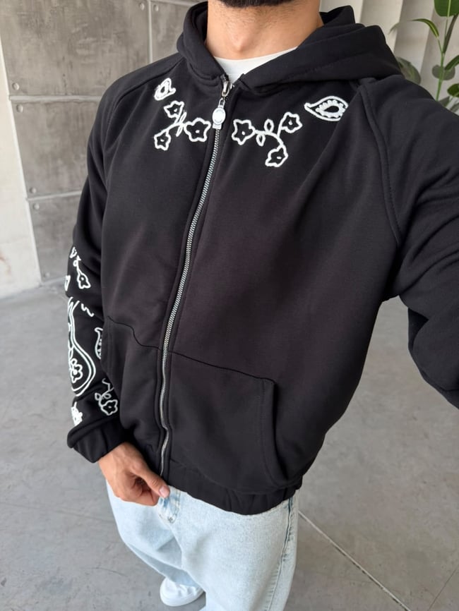 Bandana Nakışlı Fermuarlı Overize Kapüşonlu Sweat T Siyah