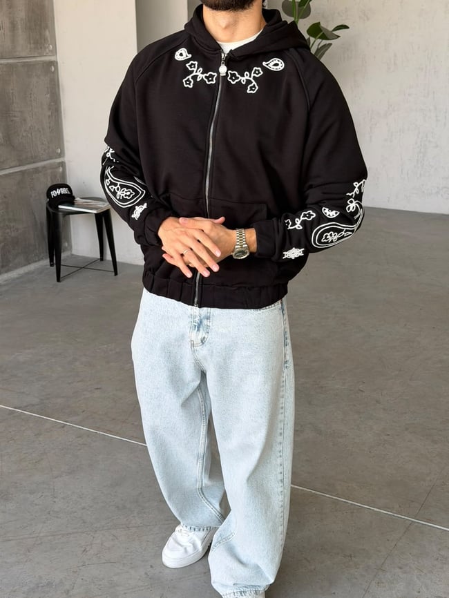 Bandana Nakışlı Fermuarlı Overize Kapüşonlu Sweat T Siyah