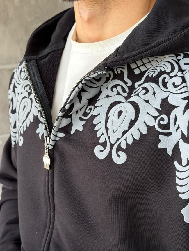 Barok Desenli Kapüşonlu Oversize Fermuarlı Sweat T Siyah