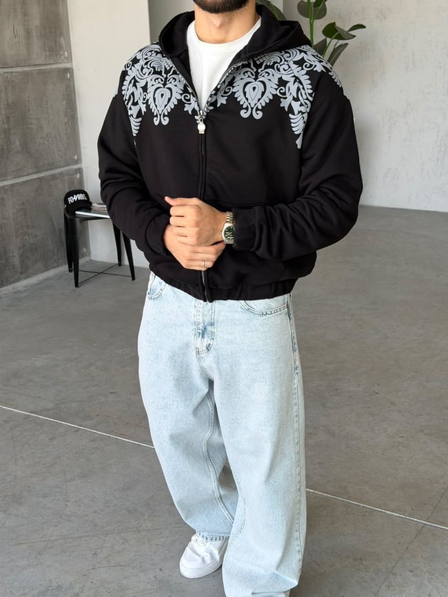 Barok Desenli Kapüşonlu Oversize Fermuarlı Sweat T Siyah
