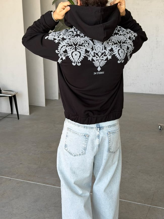 Barok Desenli Kapüşonlu Oversize Fermuarlı Sweat T Siyah