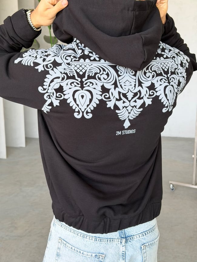 Barok Desenli Kapüşonlu Oversize Fermuarlı Sweat T Siyah