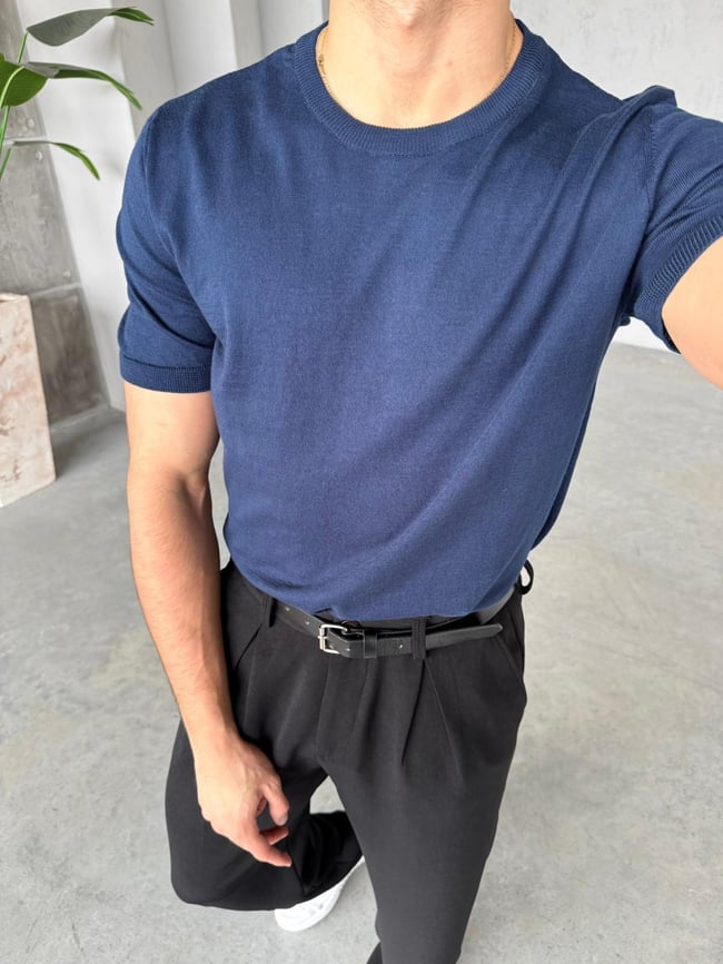 Basic Bisiklet Yaka Triko G - Lacivert