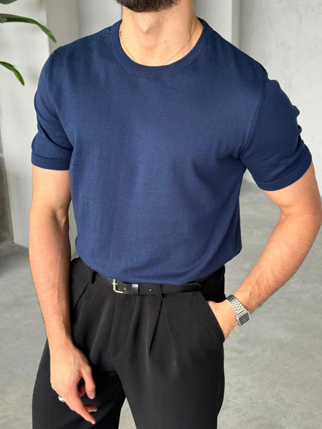 Basic Bisiklet Yaka Triko G - Lacivert