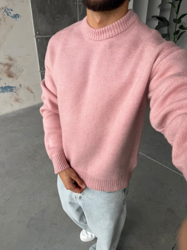 Basıc Örme Triko Kazak Pembe