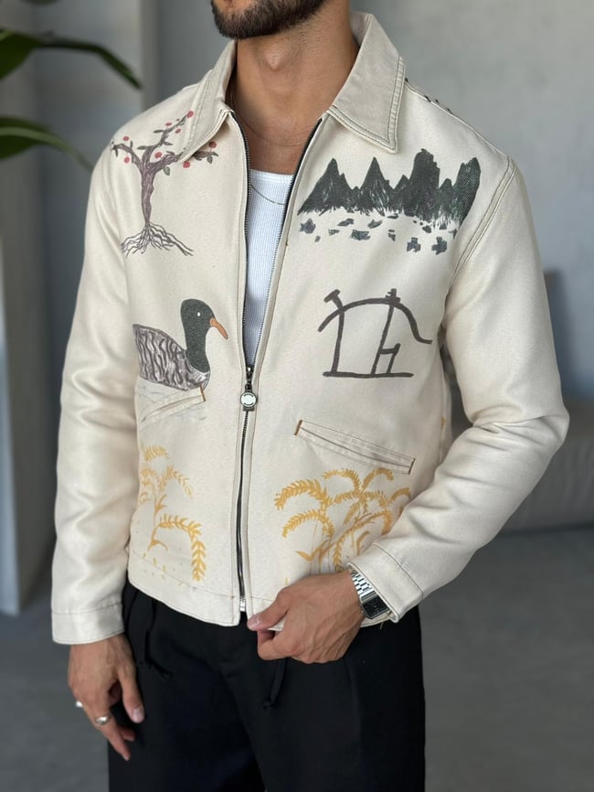 Baskı Detay Denim Kot Ceket