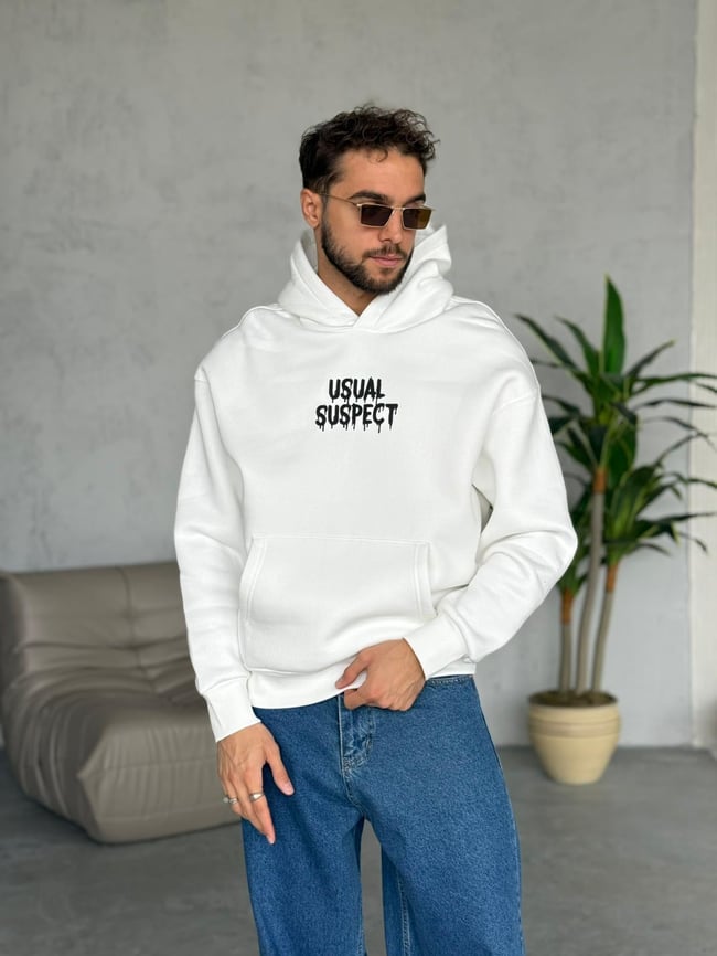 BASKILI 3 İPLİK ŞARDONLU SWEATSHIRT BEYAZ
